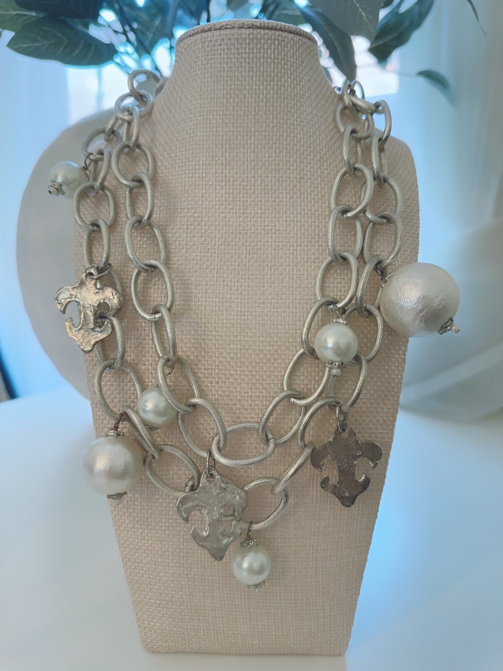 Susan Shaw Silver-Tone Cotton Pearl Charm Statement Necklace